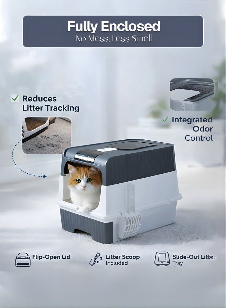 Horizon Cat Litter Box Large with Easy Entry & Exit, Spacious and Easy to Clean Cat Box for All Cat Sizes, Long-Lasting Large Cat litter Box with Lid, 2 Trash Bags, 1 Nail Cutter & 1 Cat Litter Scoop Included - Grey - Image 5