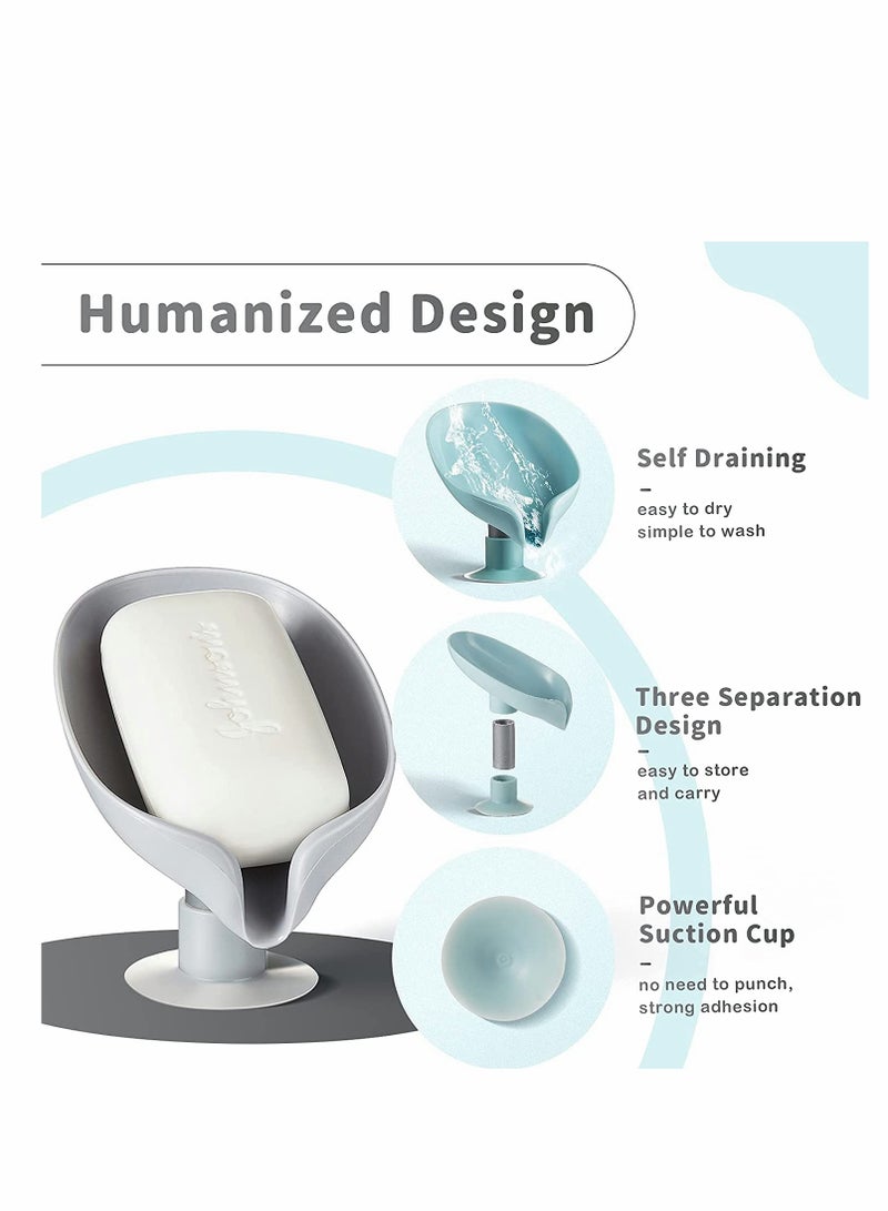 KASTWAVE حامل صابون للدش، شكل ورقة ذات تصريف ذاتي لحامل صابون بار، موفر للصابون مع كوب شفط، غير مثقوب سهل التنظيف لحامل صابون بار للدش، الحمام، حوض المطبخ (أزرق فاتح، رمادي فاتح) - Image 3