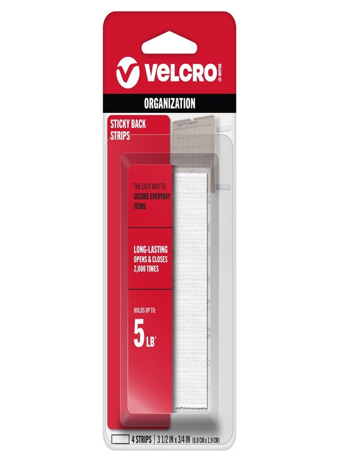 VELCRO Brand - Sticky Back Hook and Loop Fasteners | Perfect for Home or Office | 3 1/2in x 3/4in Strips | Pack of 4 | White (VEL90076) - Image 1