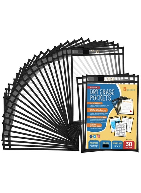 Dry Erase Sleeves 30 Pack - 10 x 13 Reusable Dry Erase Sheet Sleeves for Work & School Worksheets - Heavy Duty Dry Erase Sheet Protectors Quickly Wipe to a Flawless Clean (Black)
