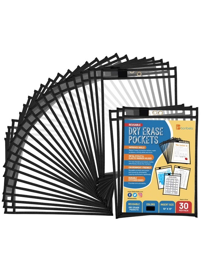 Bonbela Dry Erase Sleeves 30 Pack - 10 x 13 Reusable Dry Erase Sheet Sleeves for Work & School Worksheets - Heavy Duty Dry Erase Sheet Protectors Quickly Wipe to a Flawless Clean (Black)  - Image 1