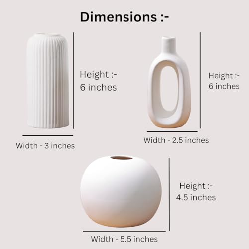 Craftribal ceramic Trio Vases (White) Set of 3 Matte Finish Ceramic Designer Flower Vases for Home, Decoration, Centre Table, Room, Side Corner Beautiful Decorative Vases - Minimalist & Stylish Design - Image 3