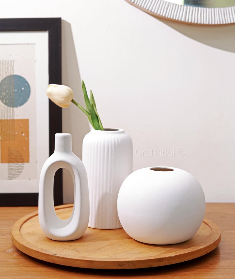 Craftribal ceramic Trio Vases (White) Set of 3 Matte Finish Ceramic Designer Flower Vases for Home, Decoration, Centre Table, Room, Side Corner Beautiful Decorative Vases - Minimalist & Stylish Design - Image 1