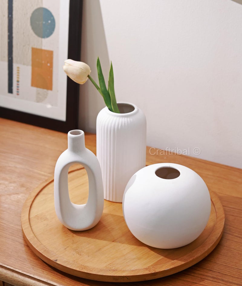 Craftribal ceramic Trio Vases (White) Set of 3 Matte Finish Ceramic Designer Flower Vases for Home, Decoration, Centre Table, Room, Side Corner Beautiful Decorative Vases - Minimalist & Stylish Design - Image 2