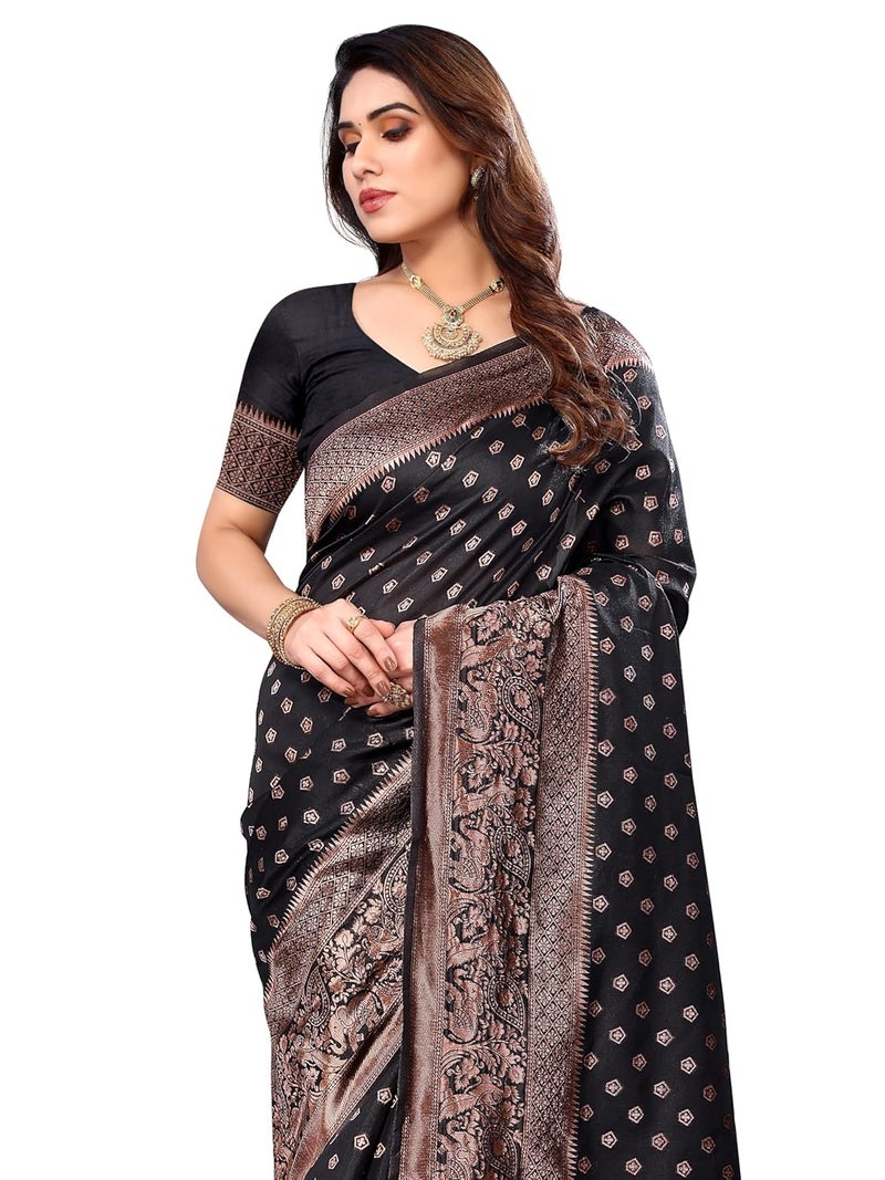 Sidhidata Women's Banarasi Jacquard Silk Saree with Unstitched Blouse Piece - Elegant Black Design - Image 2