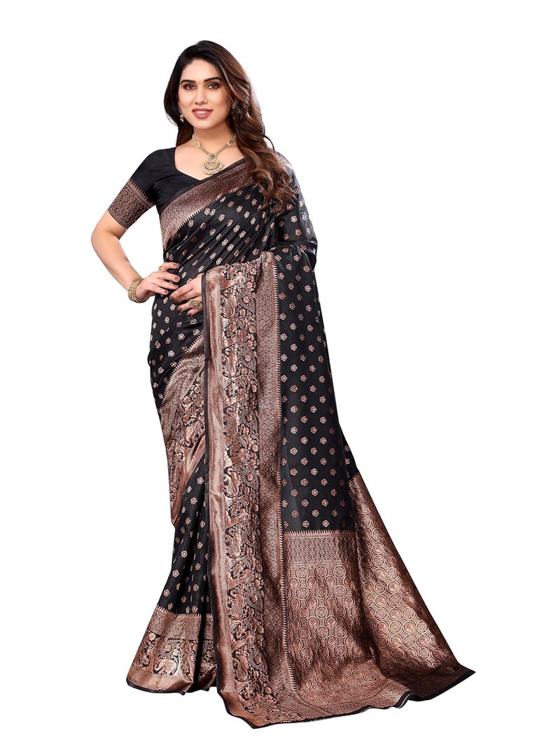 Sidhidata Women's Banarasi Jacquard Silk Saree with Unstitched Blouse Piece - Elegant Black Design - Image 1