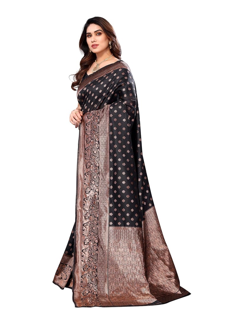 Sidhidata Women's Banarasi Jacquard Silk Saree with Unstitched Blouse Piece - Elegant Black Design - Image 4