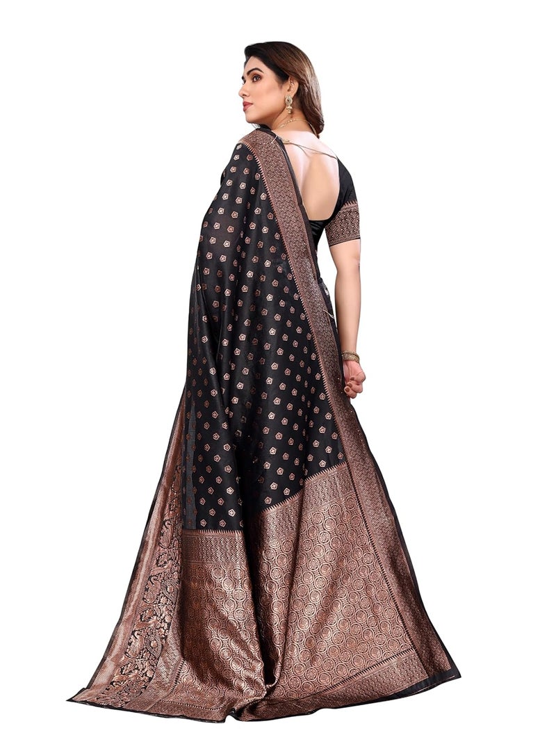 Sidhidata Women's Banarasi Jacquard Silk Saree with Unstitched Blouse Piece - Elegant Black Design - Image 3