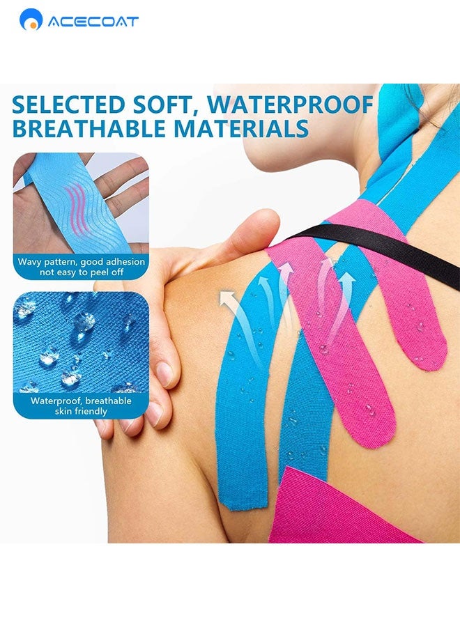 ACECOAT 4 Rolls Waterproof Breathable Kinesiology Tape, Athletic Elastic Kneepad Muscle Pain Relief Knee Taping for Gym Fitness Running Tennis Swimming Football (Black, Skin, Pink, Light Blue) - Image 3