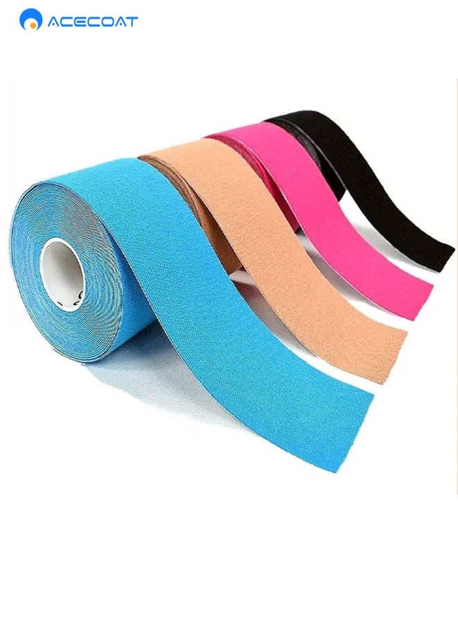 ACECOAT 4 Rolls Waterproof Breathable Kinesiology Tape, Athletic Elastic Kneepad Muscle Pain Relief Knee Taping for Gym Fitness Running Tennis Swimming Football (Black, Skin, Pink, Light Blue) - Image 1