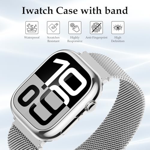 Vigamen Waterproof Stainless Steel Milanese Band with Case Compatible with Apple Watch Bands for Women Men 46mm,Magnetic Metal Wrist Straps for iWatch Series 10 11,Breathable,Adjustable,Silver - Image 4