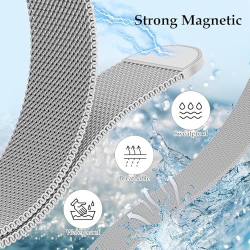 Vigamen Waterproof Stainless Steel Milanese Band with Case Compatible with Apple Watch Bands for Women Men 46mm,Magnetic Metal Wrist Straps for iWatch Series 10 11,Breathable,Adjustable,Silver - Image 2