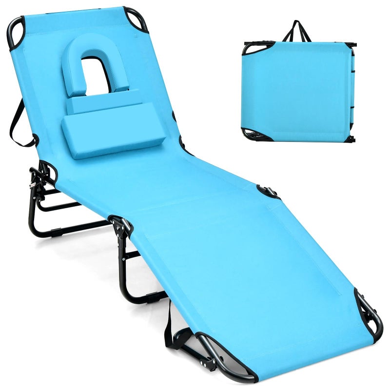 GYMAX Tanning Chair, 330lbs Beach Lounge Chair with Face Hole, Detachable Washable Pillow & Carry Strap, Adjustable Folding Chaise Lounge, Layout Chair for Outside, Patio, Poolside, Lawn (1, Arctic) - Image 1