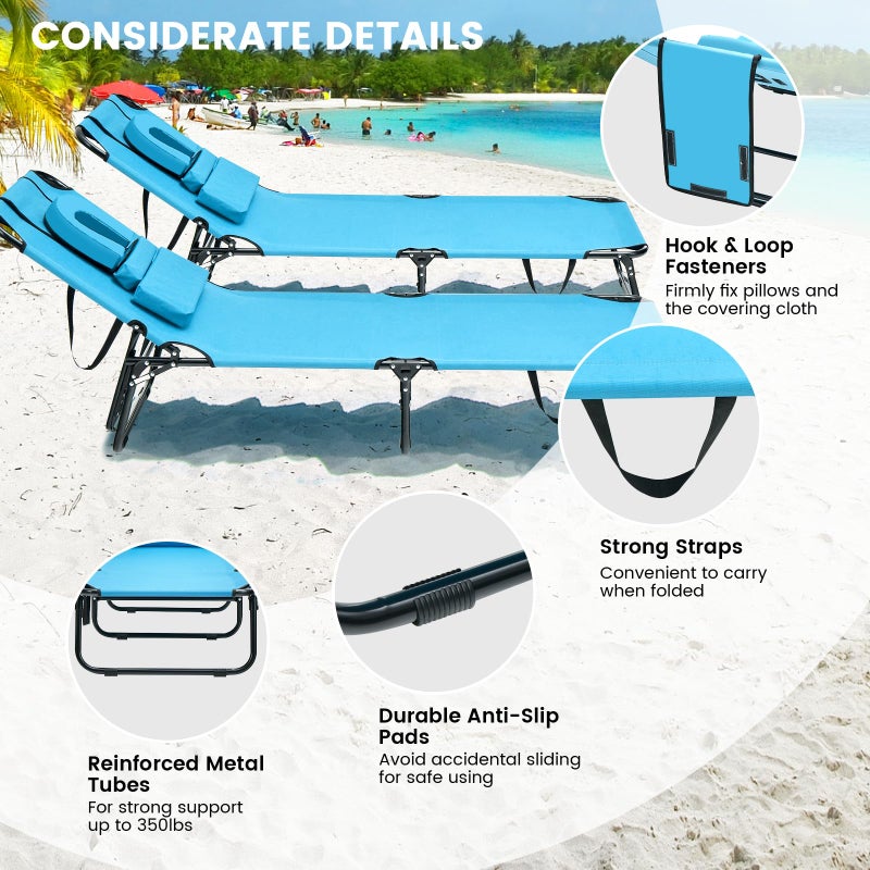 GYMAX Tanning Chair, 330lbs Beach Lounge Chair with Face Hole, Detachable Washable Pillow & Carry Strap, Adjustable Folding Chaise Lounge, Layout Chair for Outside, Patio, Poolside, Lawn (1, Arctic) - Image 4