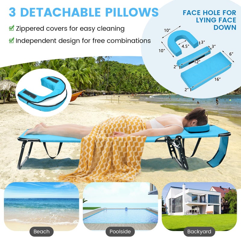 GYMAX Tanning Chair, 330lbs Beach Lounge Chair with Face Hole, Detachable Washable Pillow & Carry Strap, Adjustable Folding Chaise Lounge, Layout Chair for Outside, Patio, Poolside, Lawn (1, Arctic) - Image 5