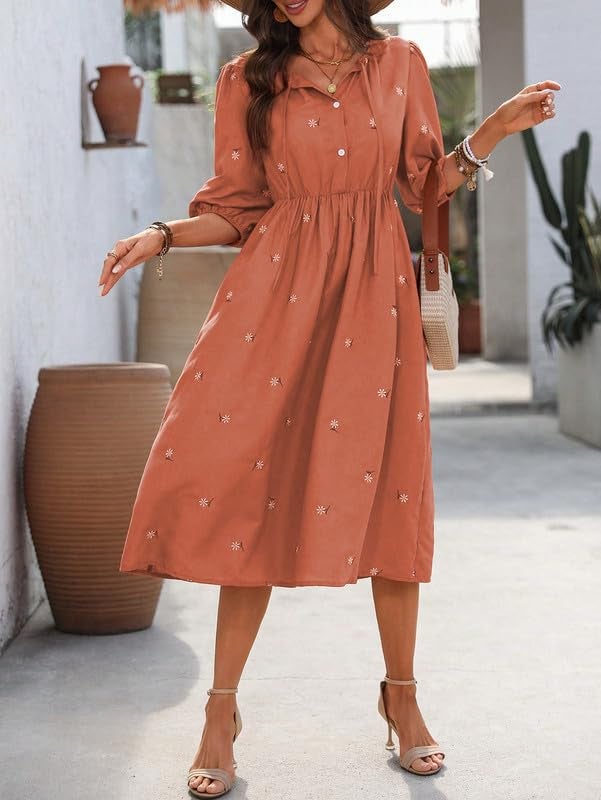 SMOWKLY Cotton Blend Women's Casual Dress Mid-Length Maxi Dress for Woman ||Stylish Frocks for Women ||One Piece Dress for Women || Long Midi Dress for Woman || Party & Beach Wear Orange - Image 4