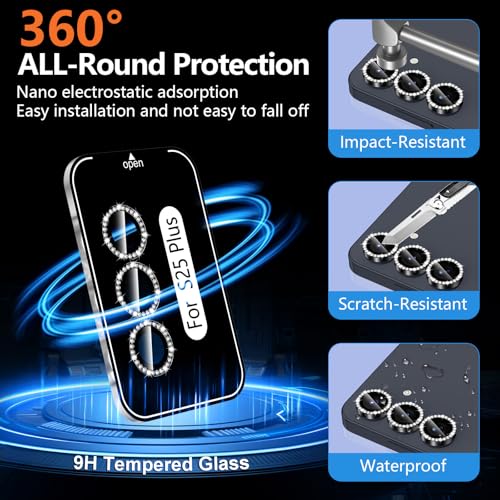 Avocase for Samsung Galaxy S25 Plus Camera Lens Protector, Individual Metal Ring Tempered Glass Lens Cover, [Strong Adsorption] Scratch Resistant Ultra-Thin HD Clear Lens Cover, 1 Set-Black Diamond - Image 2