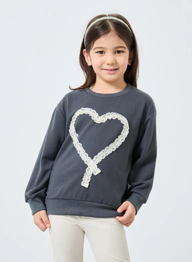 ستايلي Styli Girls Heart Lace Sweatshirt and Flared Legging Set