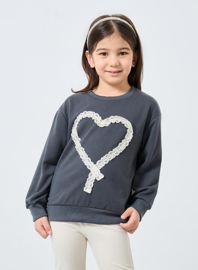 Styli Girls Heart Lace Sweatshirt and Flared Legging Set - Image 2