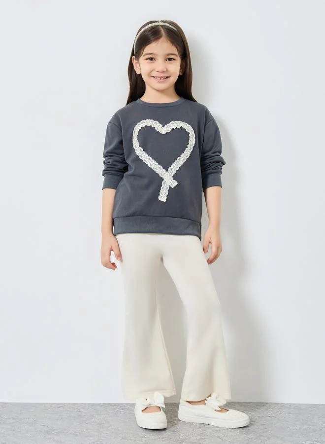 ستايلي Styli Girls Heart Lace Sweatshirt and Flared Legging Set