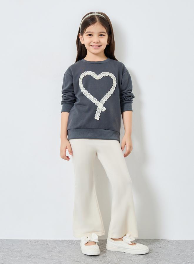 Styli Girls Heart Lace Sweatshirt and Flared Legging Set - Image 1