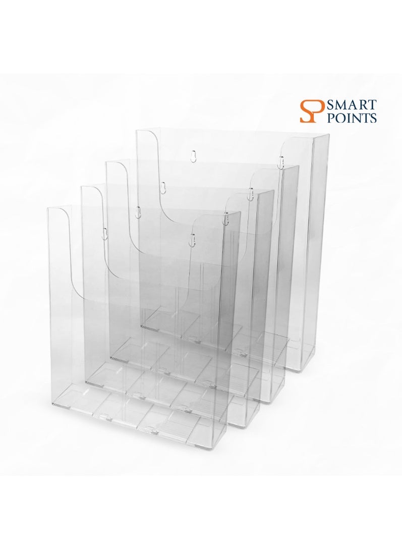 "سمارت بوينتس  " حامل مستندات أكريليك جداري بحجم A4 (4 قطع)   – منظم ملفات ومجلات شفاف مع مسامير للتثبيت – رف عرض جداري (30.5 × 22.9 × 8.1 سم) - Image 1
