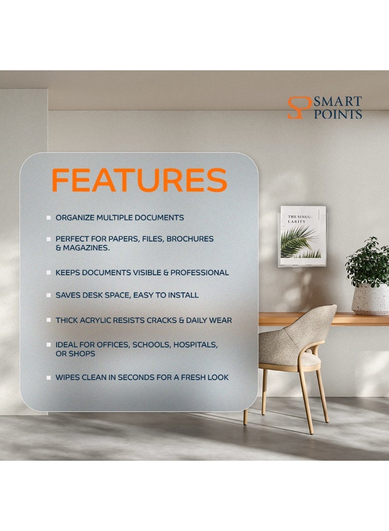 "سمارت بوينتس  " حامل مستندات أكريليك جداري بحجم A4 (4 قطع)   – منظم ملفات ومجلات شفاف مع مسامير للتثبيت – رف عرض جداري (30.5 × 22.9 × 8.1 سم) - Image 4