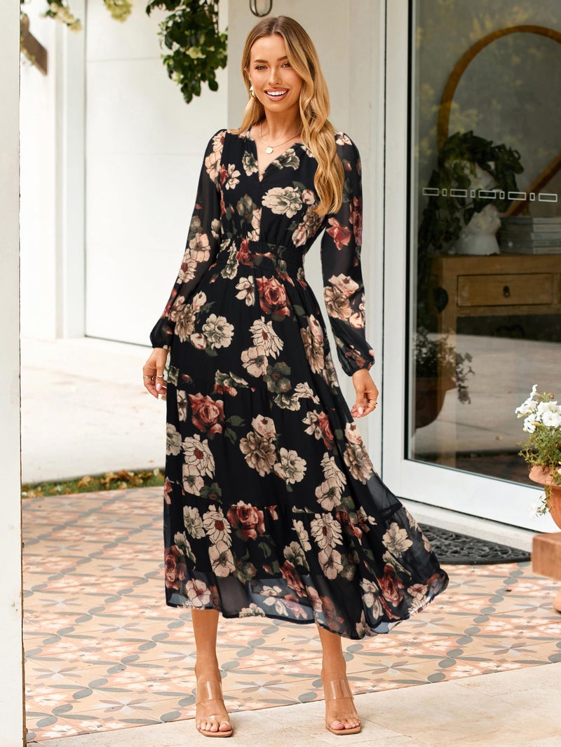 Simplee Women's Floral Boho Long Sleeve Maxi Dress V Neck Empire Waist Swing Flowy Wedding Guest Dress Black Orange Floral XL - Image 3
