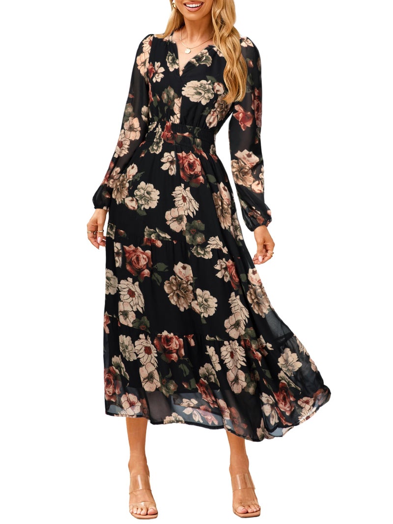 Simplee Women's Floral Boho Long Sleeve Maxi Dress V Neck Empire Waist Swing Flowy Wedding Guest Dress Black Orange Floral XL - Image 1