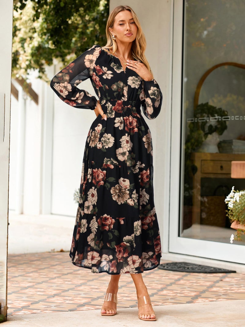 Simplee Women's Floral Boho Long Sleeve Maxi Dress V Neck Empire Waist Swing Flowy Wedding Guest Dress Black Orange Floral XL - Image 4