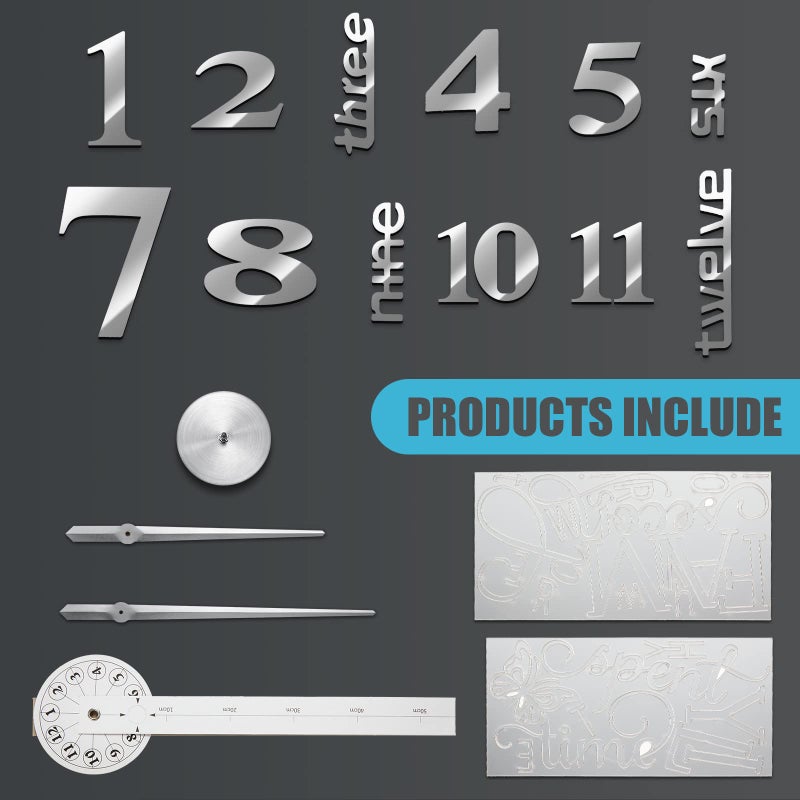 Junkin 3D Large Frameless DIY Wall Clock Modern Decor Family Quote Wall Stickers Clock Kit for Home Living Room Bedroom Office Decorations Adjustable Size(Silver) - Image 2
