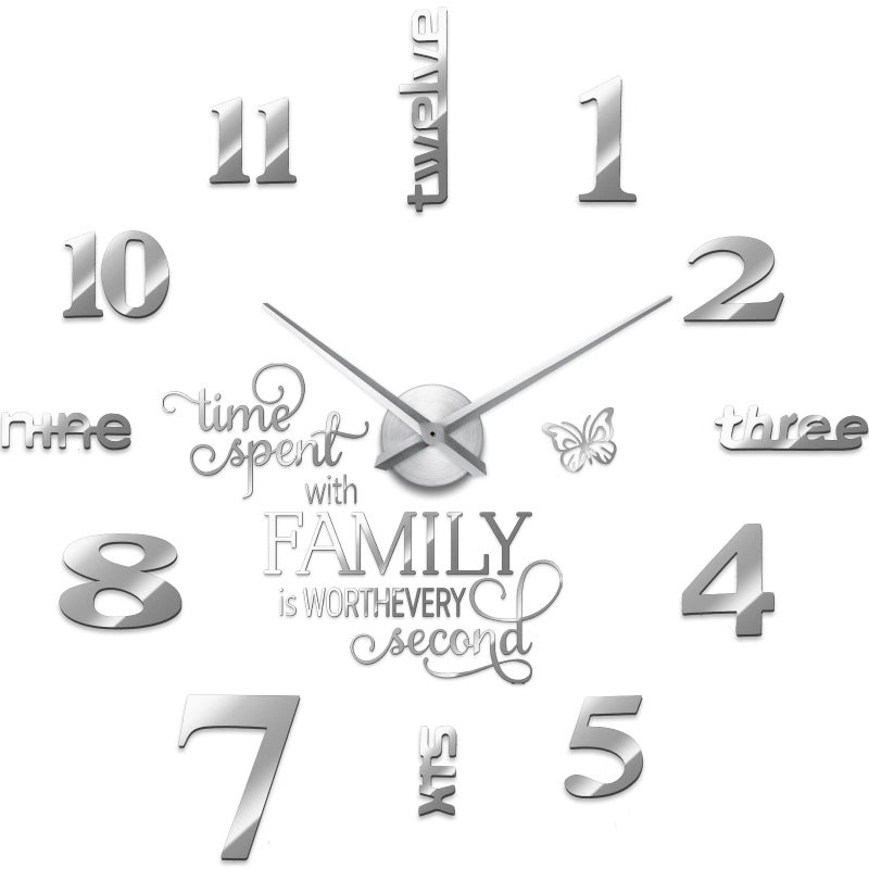 Junkin 3D Large Frameless DIY Wall Clock Modern Decor Family Quote Wall Stickers Clock Kit for Home Living Room Bedroom Office Decorations Adjustable Size(Silver) - Image 1