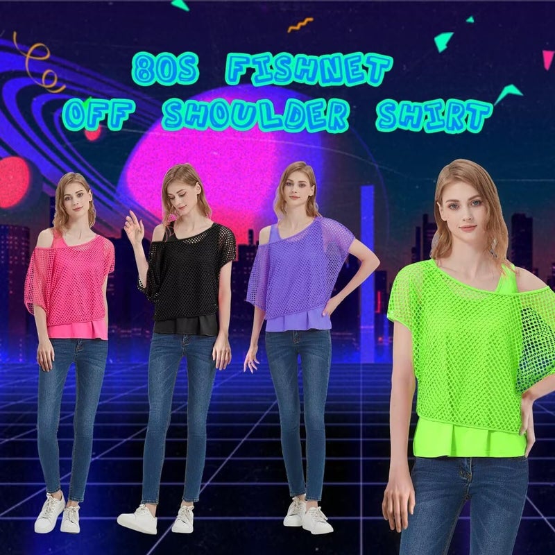 WILDPARTY Women Casual Sexy 80s Costumes Fishnet Neon Off Shoulder T-Shirt Two Pieces (Green-L) - Image 5