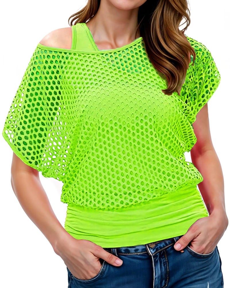 WILDPARTY Women Casual Sexy 80s Costumes Fishnet Neon Off Shoulder T-Shirt Two Pieces (Green-L) - Image 1