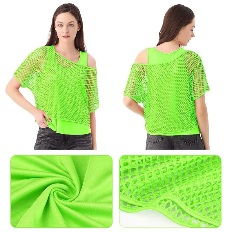 WILDPARTY Women Casual Sexy 80s Costumes Fishnet Neon Off Shoulder T-Shirt Two Pieces (Green-L) - Image 2