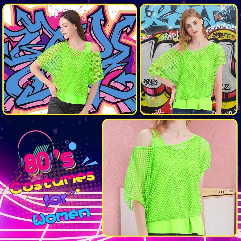 WILDPARTY Women Casual Sexy 80s Costumes Fishnet Neon Off Shoulder T-Shirt Two Pieces (Green-L) - Image 4