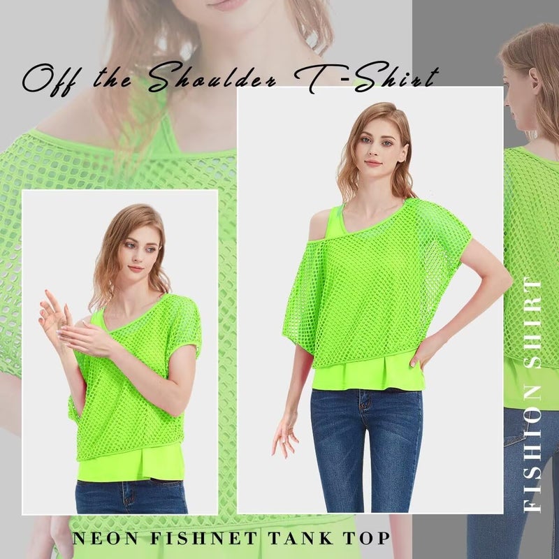 WILDPARTY Women Casual Sexy 80s Costumes Fishnet Neon Off Shoulder T-Shirt Two Pieces (Green-L) - Image 3