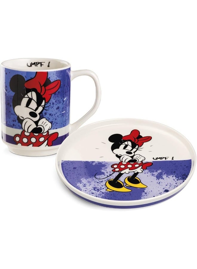 طقم طبق جانبي + كوب قابل للتكديس – ميكي وميني ماوس مجموعة I AM | بورسلين جديد | آمن في غسالة الصحون والميكروويف | طقم إفطار قهوة ووجبات خفيفة (ميني بنفسجي)