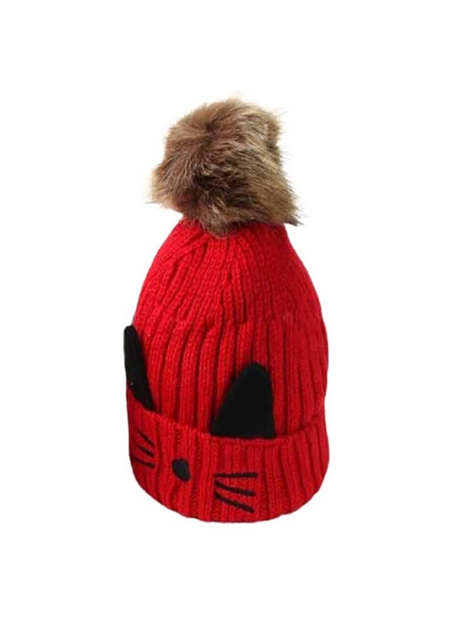 V3E Girl's Winter Warm Knitted Faux Fur Pom Pom Cat Cap & Fleece Scarf Set (Red) - Image 2