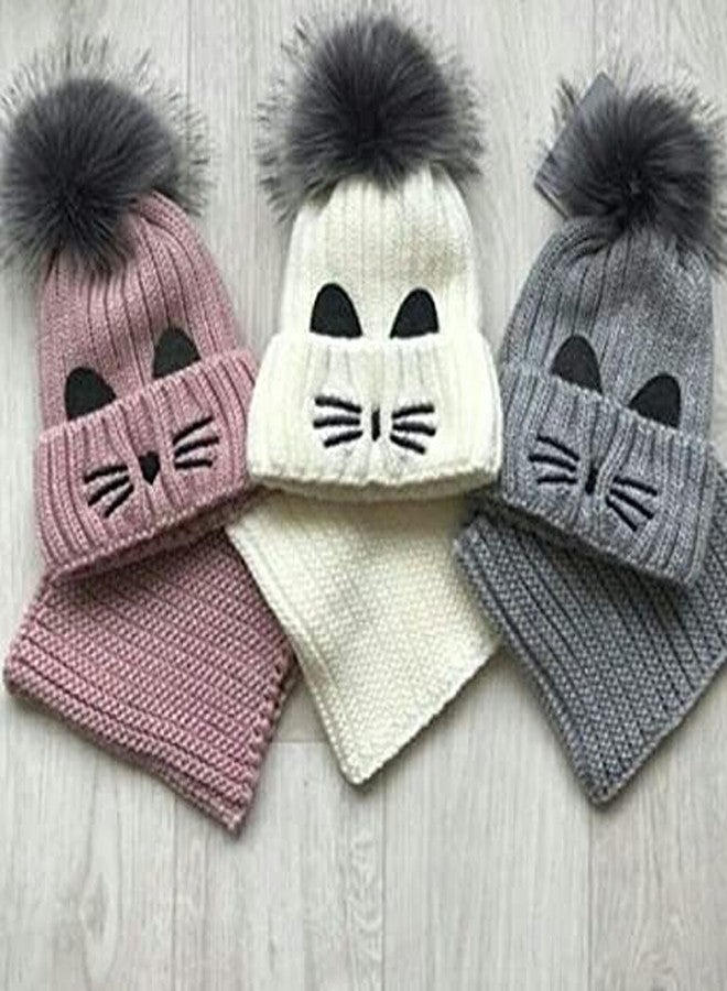 V3E Girl's Winter Warm Knitted Faux Fur Pom Pom Cat Cap & Fleece Scarf Set (Red) - Image 5