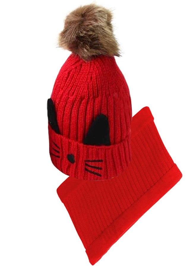 V3E Girl's Winter Warm Knitted Faux Fur Pom Pom Cat Cap & Fleece Scarf Set (Red) - Image 4