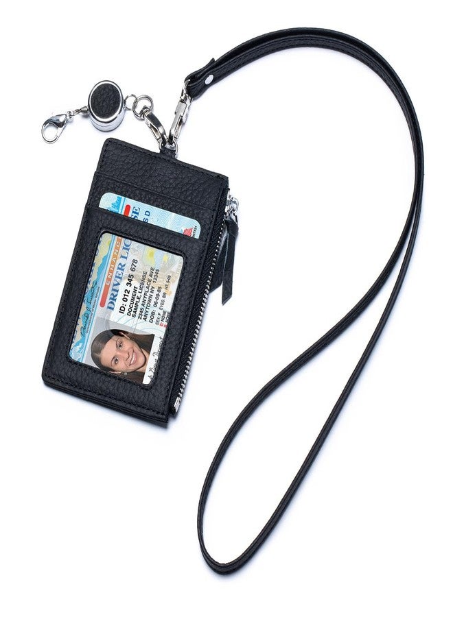 Karmiir Premium Leather ID Card Holder Wallet with Retractable Badge Reel and Lanyard, Slim Zip Case (Black) - Image 1