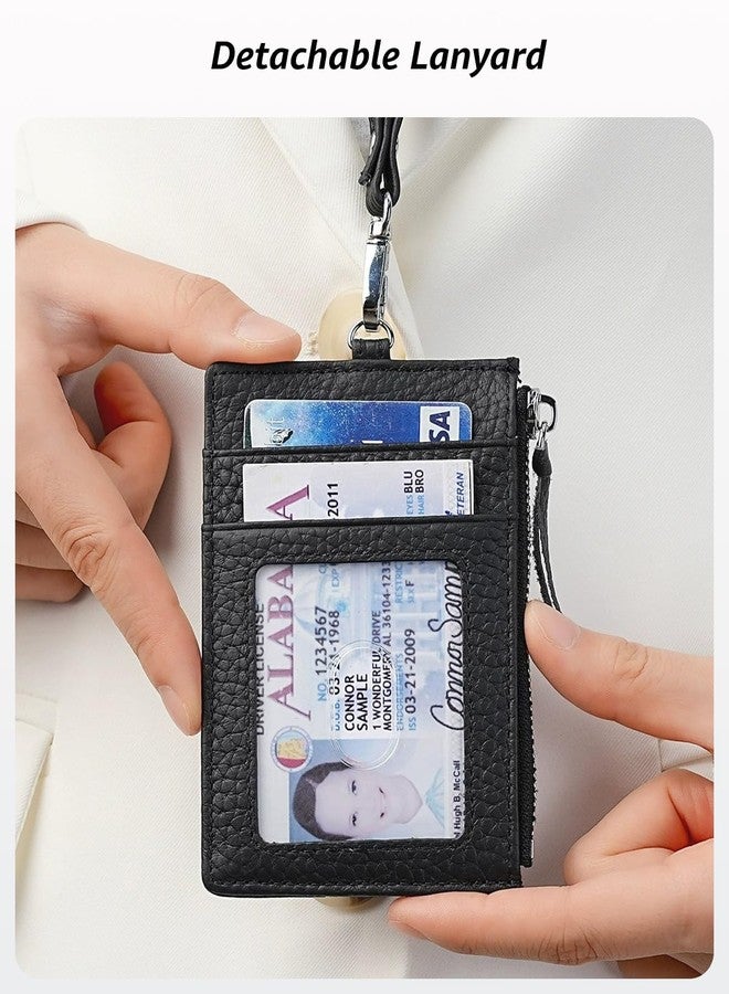 Karmiir Premium Leather ID Card Holder Wallet with Retractable Badge Reel and Lanyard, Slim Zip Case (Black) - Image 4