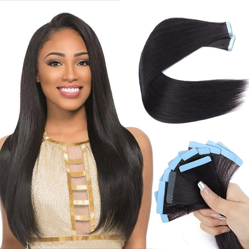HUA Yaki Straight Tape in Hair Extensions Human Hair 40 PCS Light Yaki Tape in Hair Extensions Human Hair Black Women 100 Human Hair Double Sided Seamless PU Tape in Hair Extensions 18 Inch