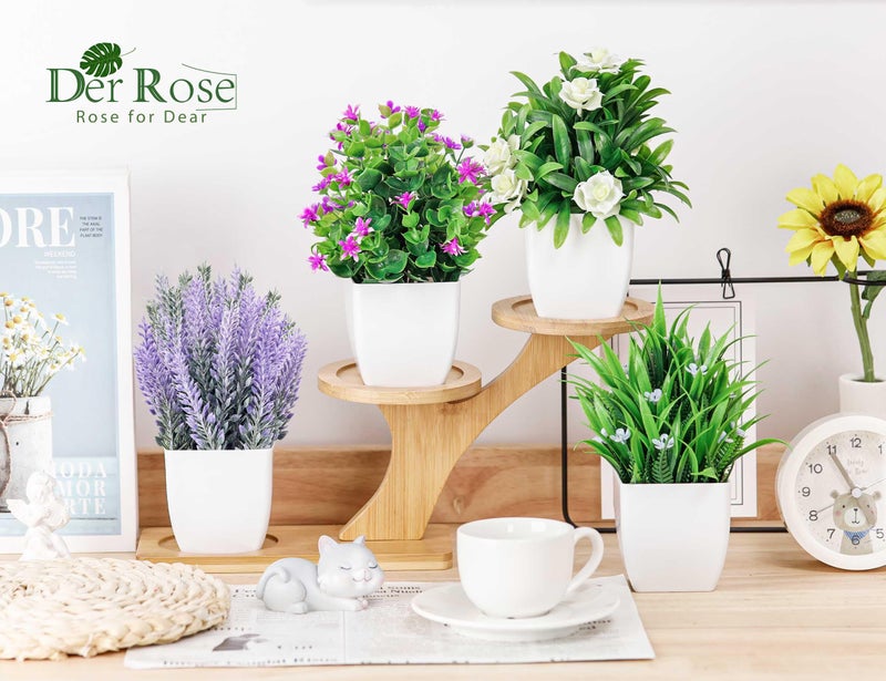 Der Rose 4 Pack Fake Plants Small Artificial Potted Faux Plants with Flowers for Home Bathroom Living Room Office Decor Indoor - Image 2