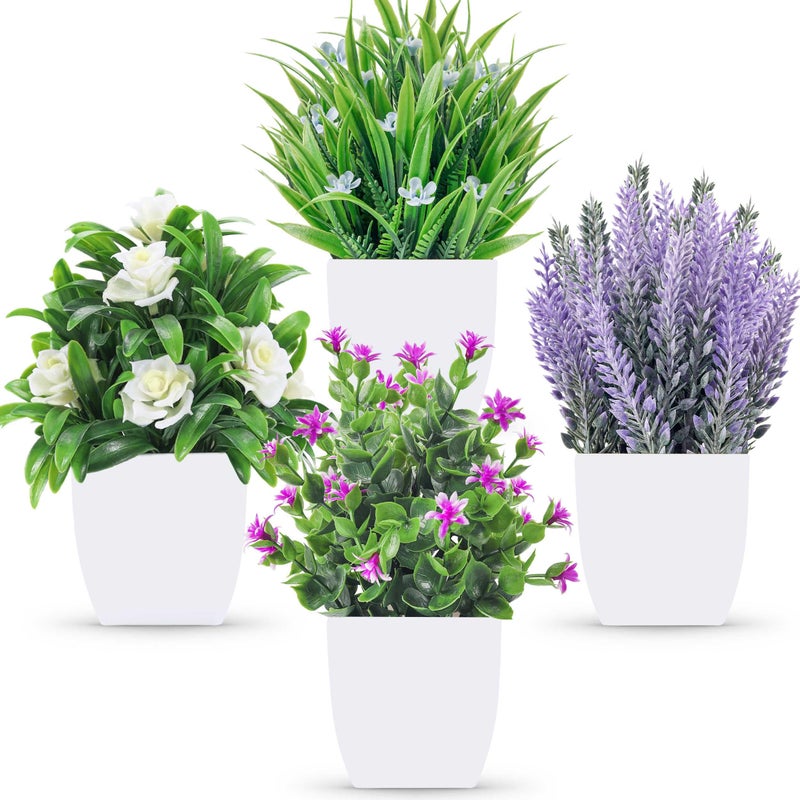 Der Rose 4 Pack Fake Plants Small Artificial Potted Faux Plants with Flowers for Home Bathroom Living Room Office Decor Indoor - Image 1