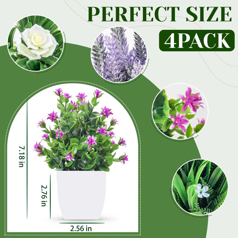 Der Rose 4 Pack Fake Plants Small Artificial Potted Faux Plants with Flowers for Home Bathroom Living Room Office Decor Indoor - Image 3
