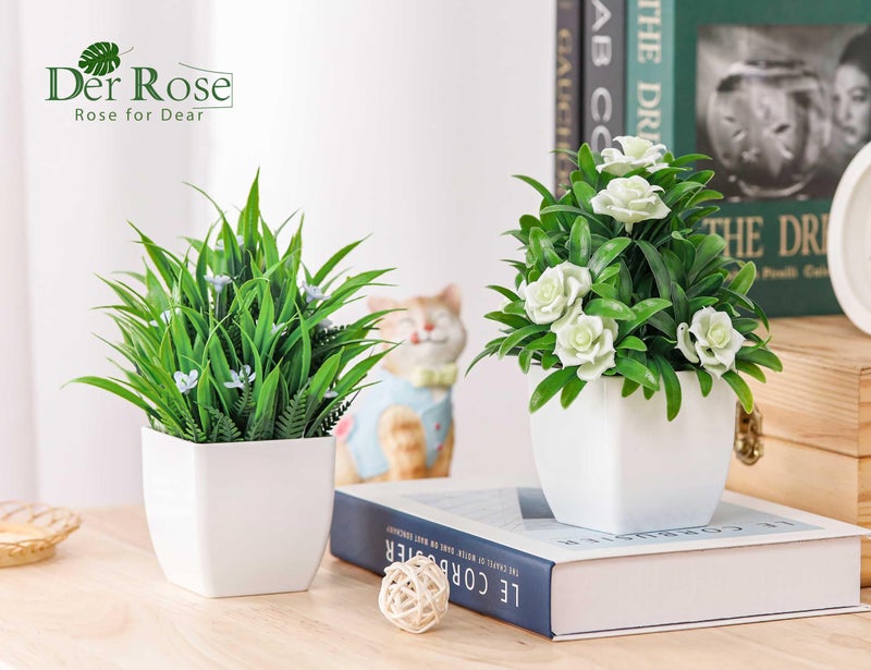Der Rose 4 Pack Fake Plants Small Artificial Potted Faux Plants with Flowers for Home Bathroom Living Room Office Decor Indoor - Image 4