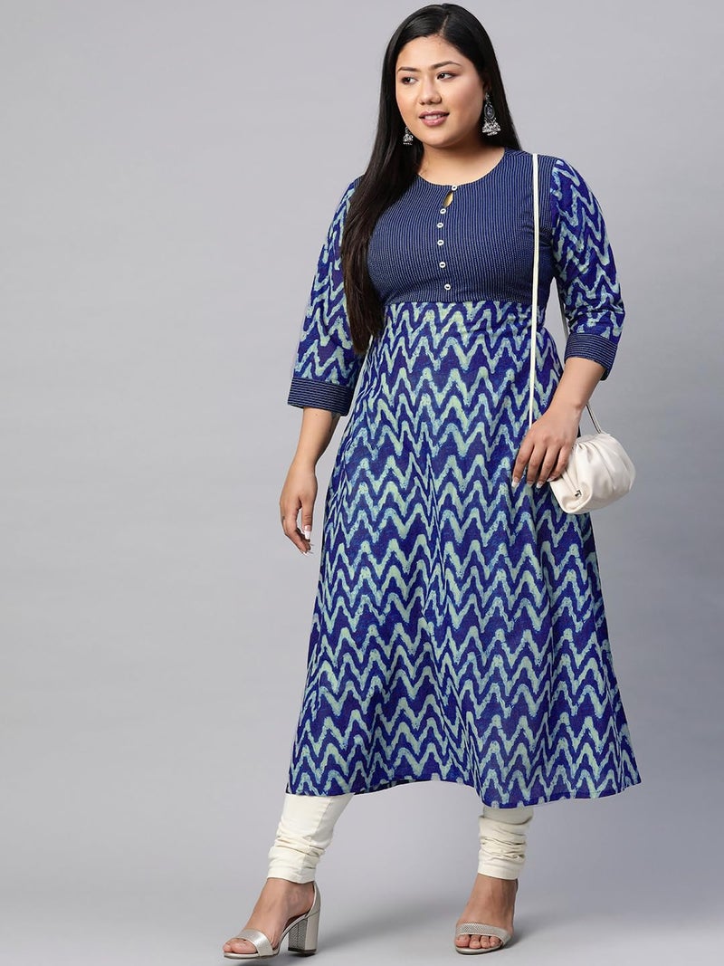 Yash Gallery Women's Plus Size Cotton Chevron Print 3/4 Sleeve Regular Fit Straight Kurta (Blue, XXL) - Image 2