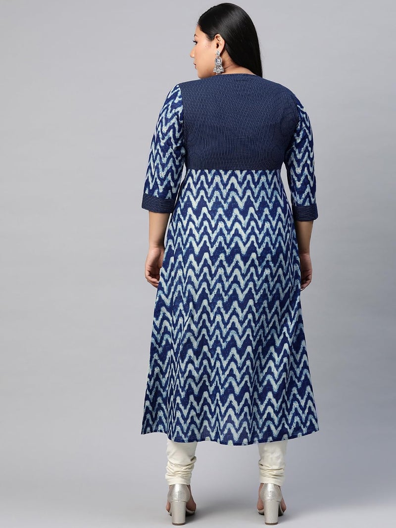 Yash Gallery Women's Plus Size Cotton Chevron Print 3/4 Sleeve Regular Fit Straight Kurta (Blue, XXL) - Image 4